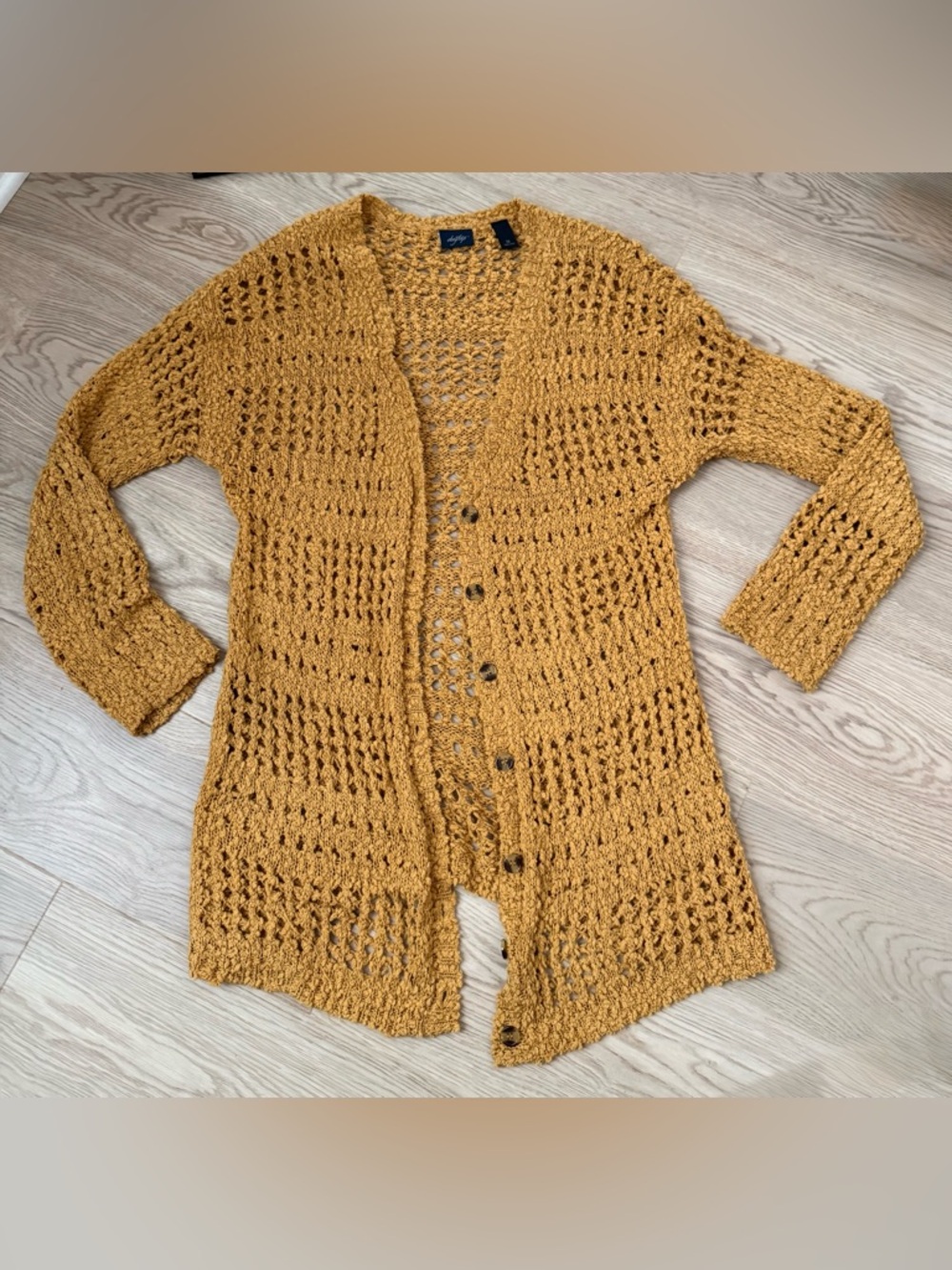 Daytrip Open-Knit Mustard Button Cardigan